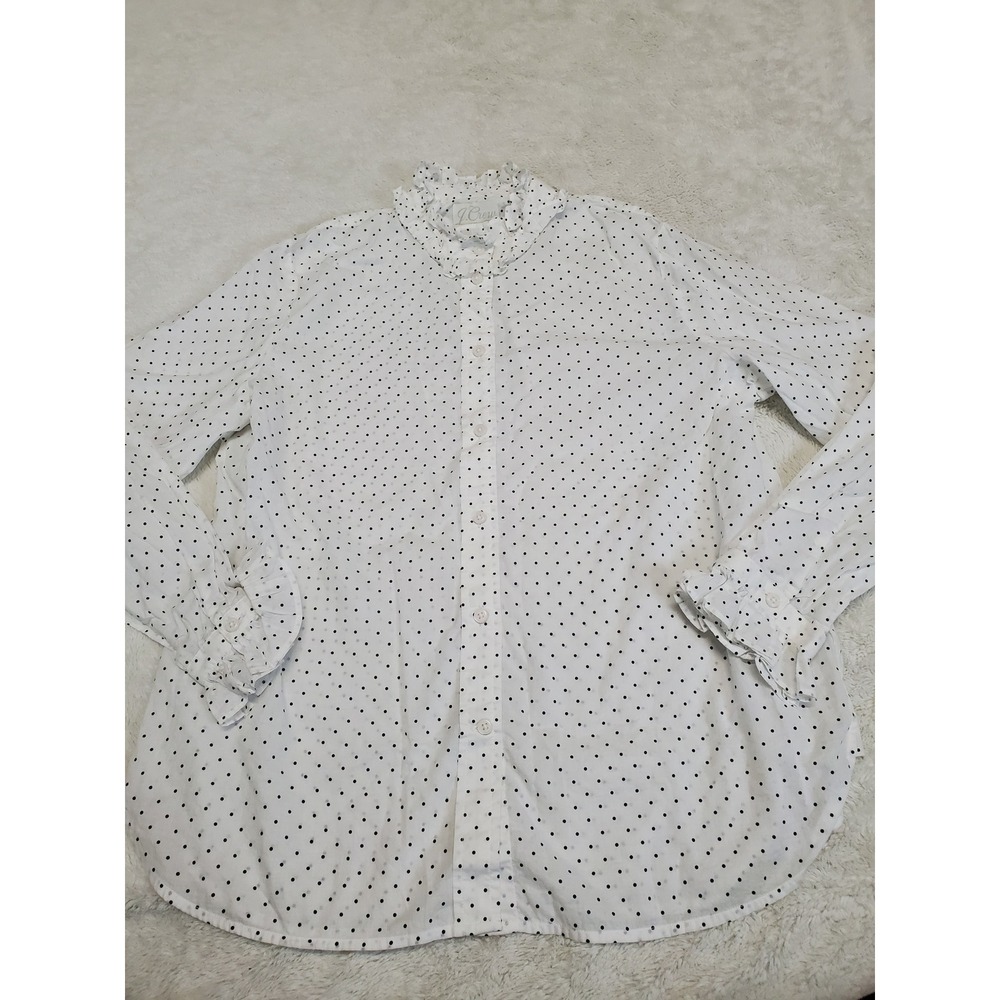 J. Crew White Black Polka Dot Ruffle Sleeve Button Classic Blouse 4 Romantic